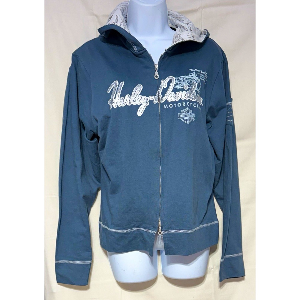 Harley-Davidson Womens M News Print Lined Full Zip Hoodie Blue Vintage Style